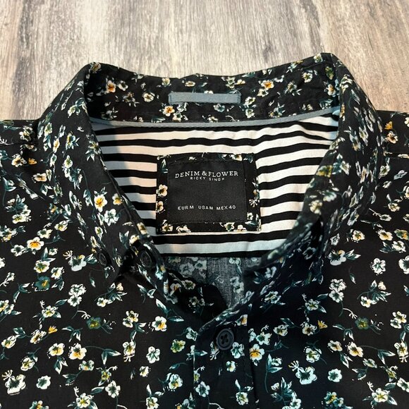 Denim & Flower Ricky Singh M's Button-Down Cotton Shirt, Black Floral, Medium - Picture 2 of 7